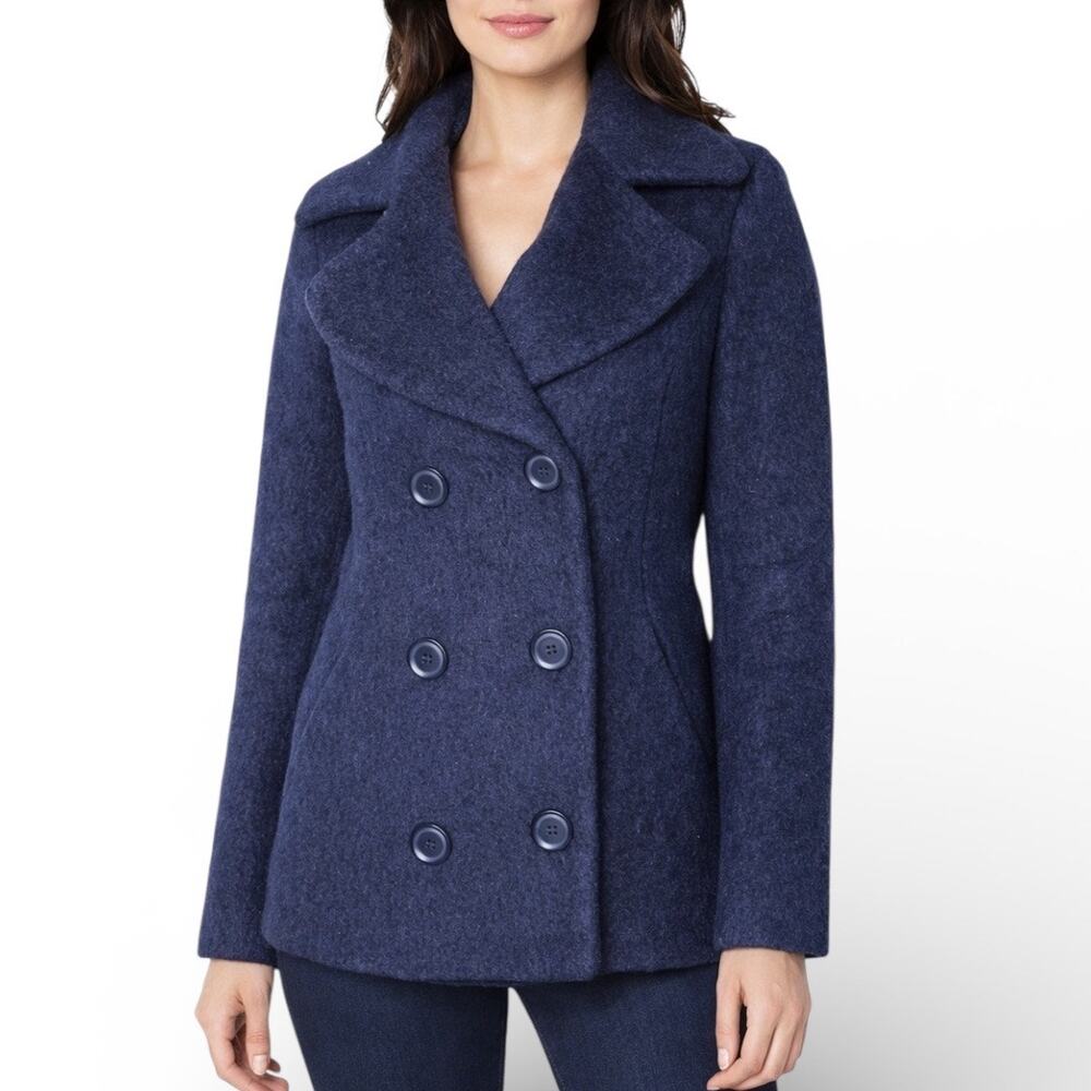 Benetton Navy Wool Mohair Pea Coat Double Breasted Italian Designer Size 2